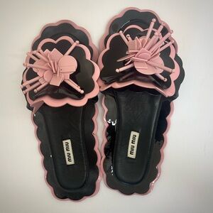 Miu Miu Black Patent Slide Sandals with Pink Floral Appliqué